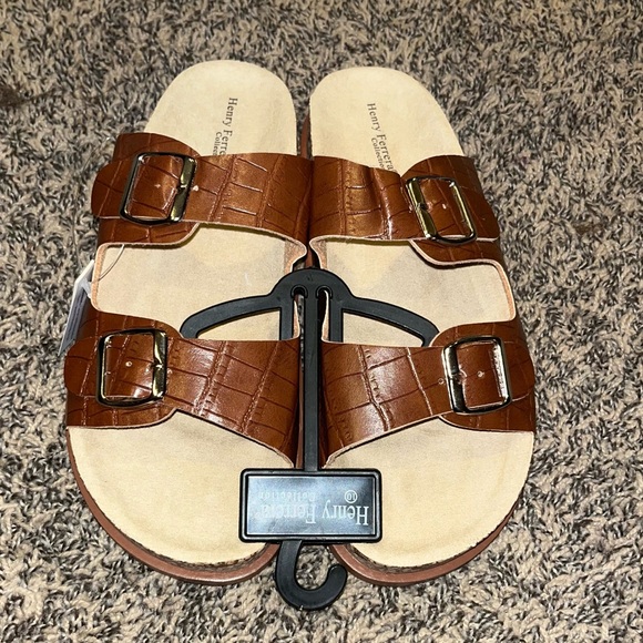 Henry Ferrera Brown Crocodile Print Double Buckle Strap Sandal Women’s Size 10 - Picture 1 of 8